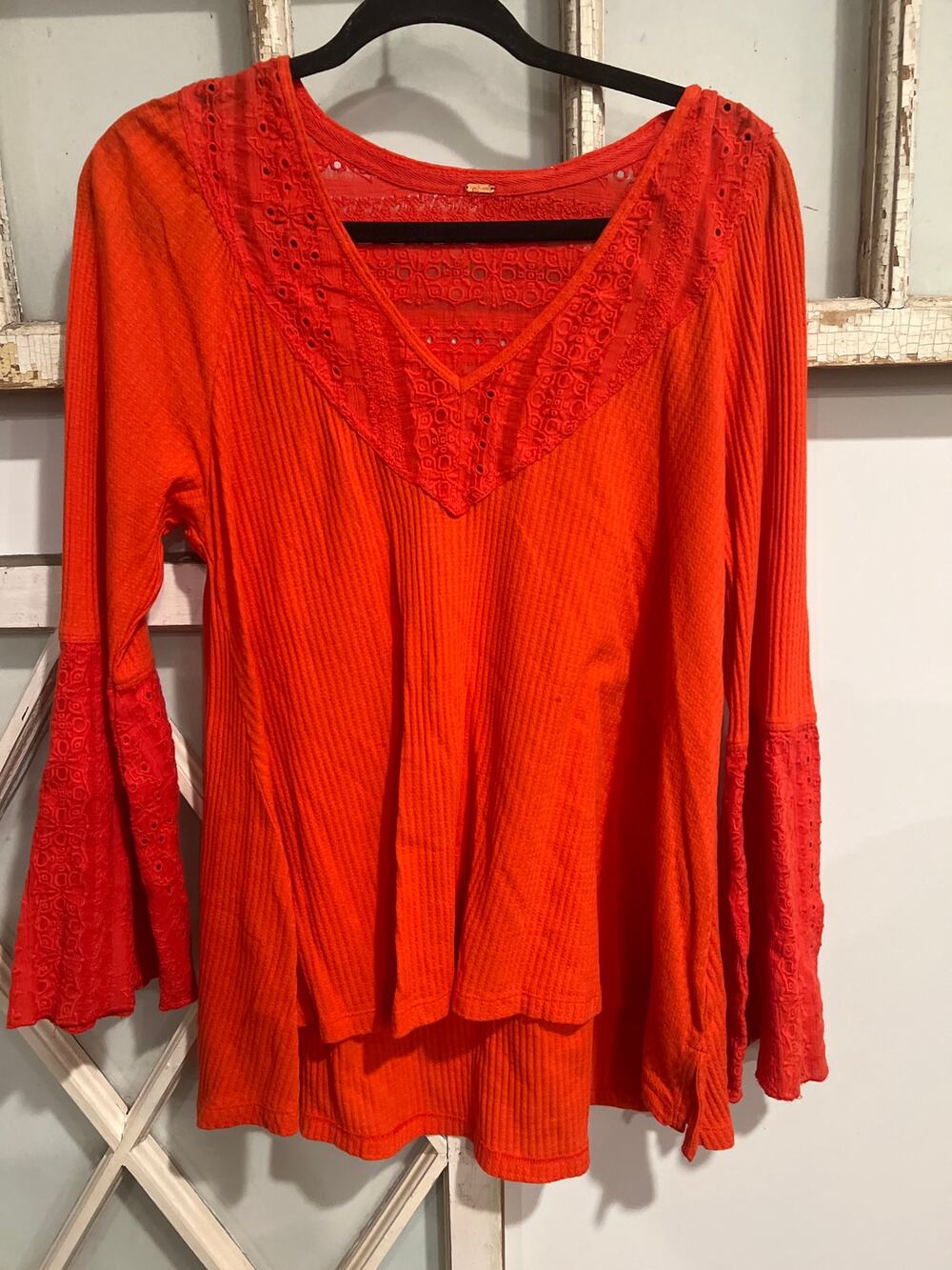 NWT Free People size medium red waffle knit top bell sleeves
